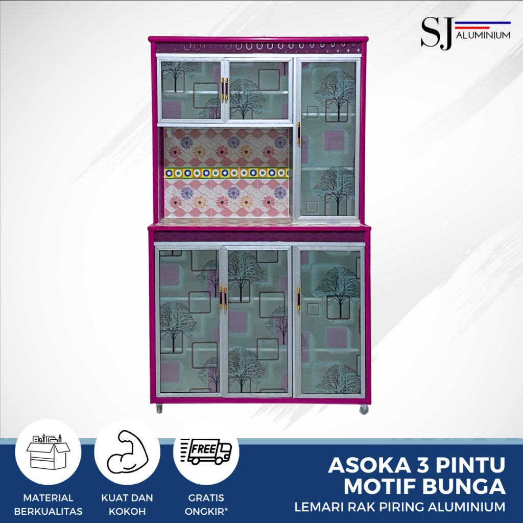 SJA - Rak Piring / Lemari Piring / Rak Dapur Kaca Aluminium - Asoka 3 Pintu Motif Bunga