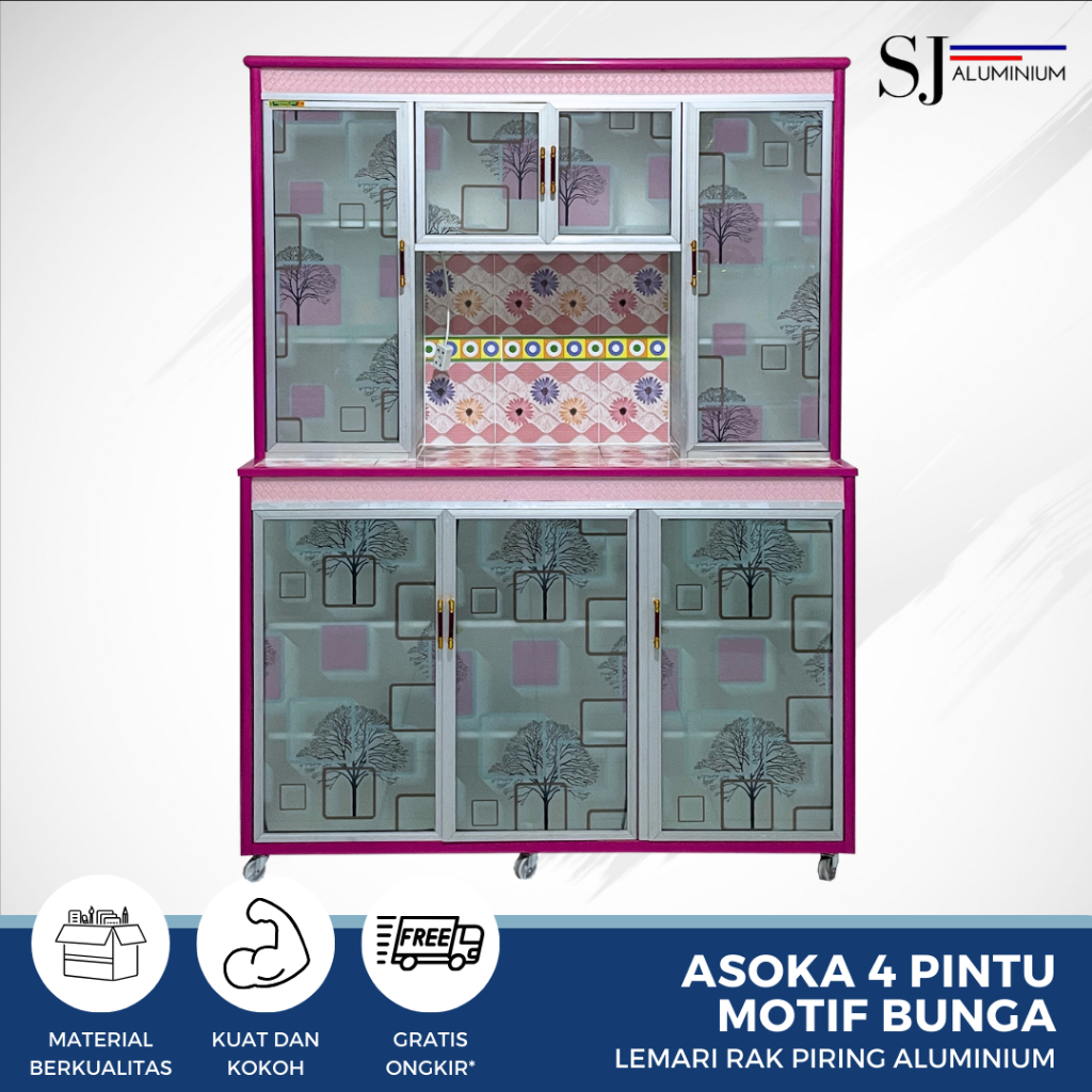 SJA - Rak Piring / Lemari Piring / Rak Dapur Kaca Aluminium - Asoka 4 Pintu Motif Bunga