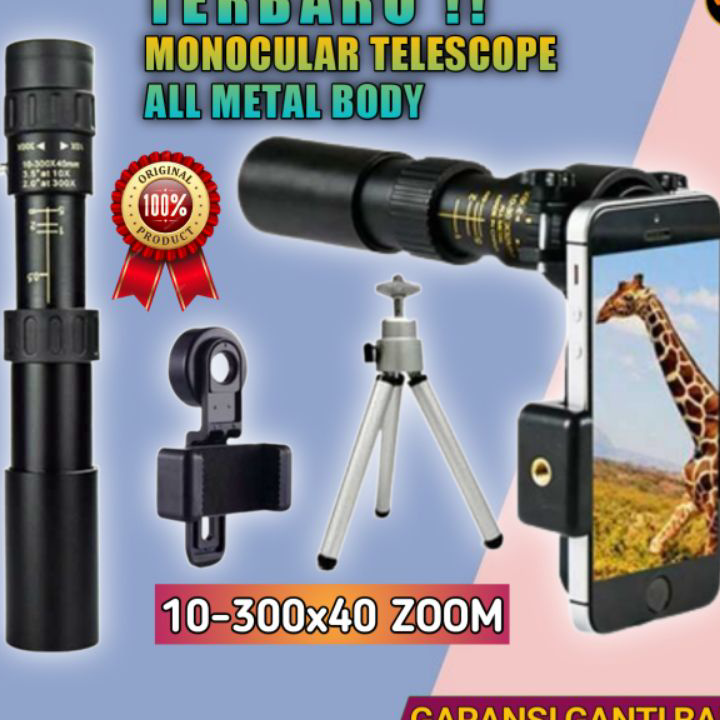 Paling Laku ORIGINAL MONOCULAR TELESCOPE 10-300x40 ZOOM + TRIPOD + CLIP TELESCOPE MONOKULAR Teleskop