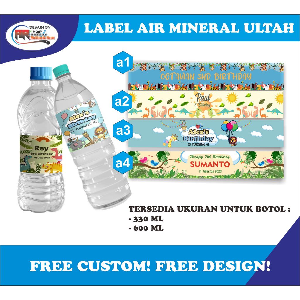 

Stiker Ulang Tahun Anak Label Minuman Custom Anti Air Botol Mineral Water Aqua 330 ML & 600 ML Free Design