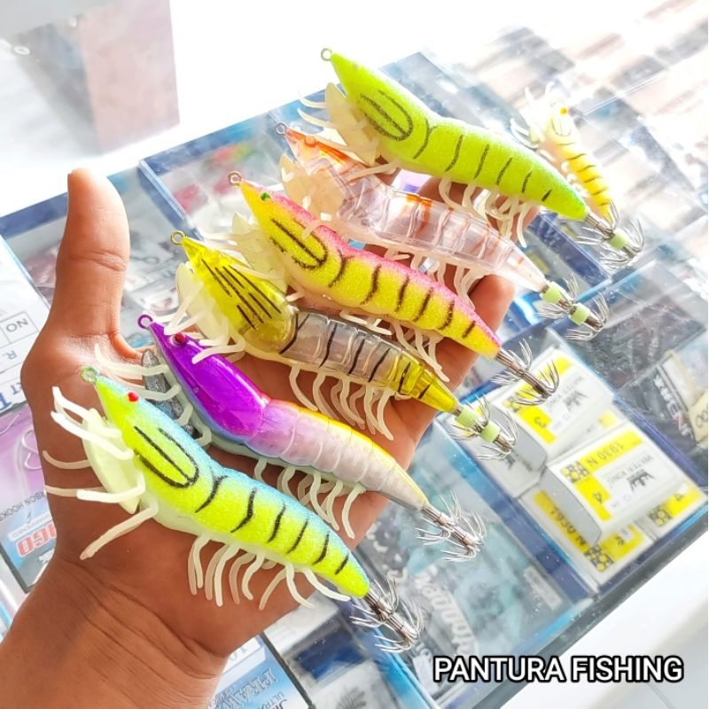 Umpan Cumi Bentuk Udang Kaki Ukuran 3.5 (super glow & rattle) - Egi Squid Jig Kaki GLOW IN THE DARK 