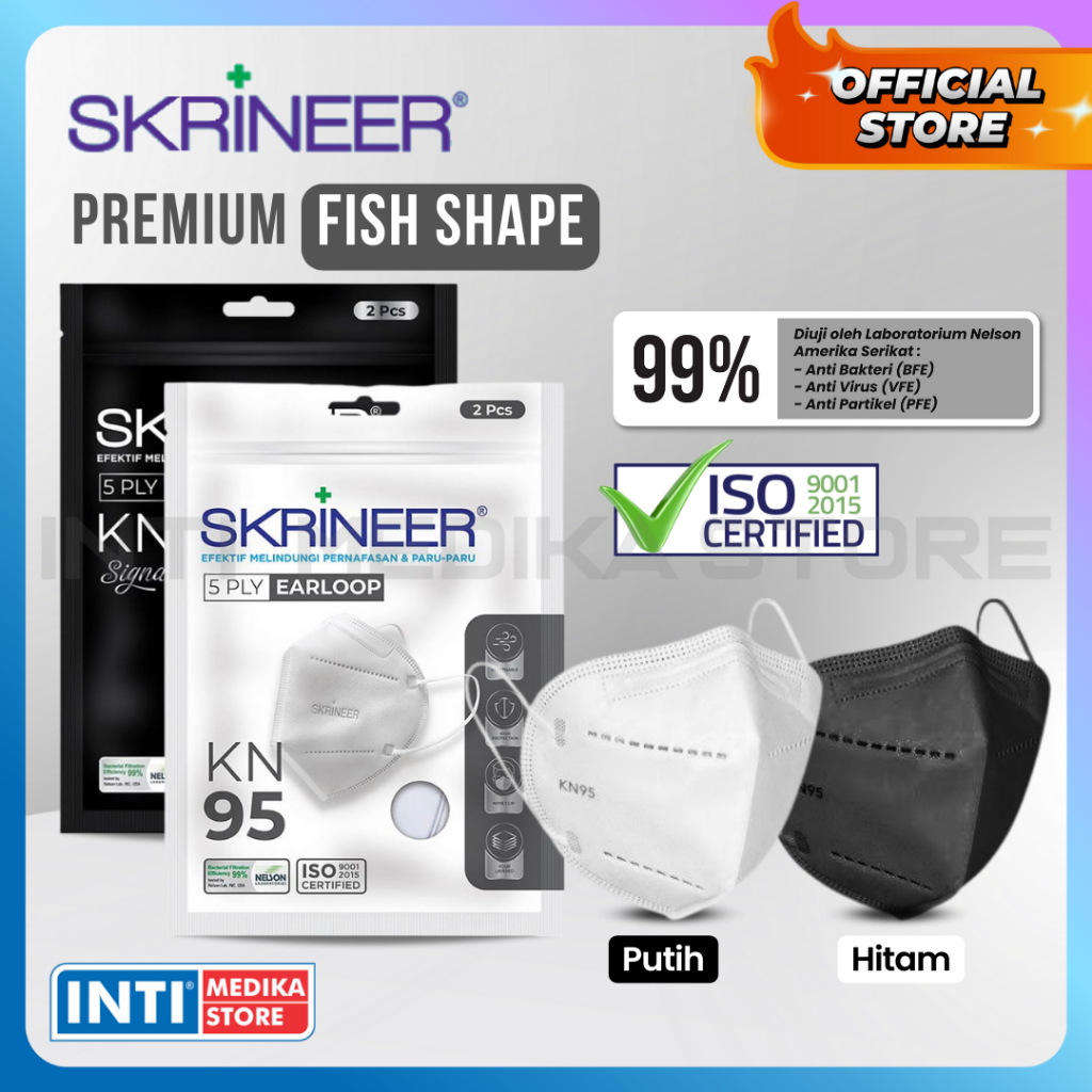 SKRINEER - Masker Earloop KN95 5 Ply SACHET | 3D Surgical Mask BFE 99%