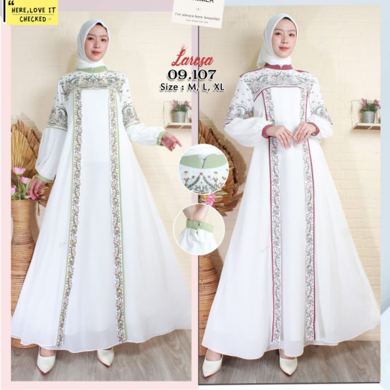 SET GAMIS LAROSA PUTIH 09.107  /  GAMIS ABAYA LAROSA BORDIR PUTIH 09.107 SET HIJAB  /  DRESS GAMIS L