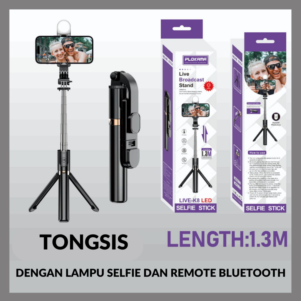 TERBARU Tripod Bluetooth Remote Tinggi 1.3 Meter Dengan Led Lampu Tongsis Hp Stand Holder Konten