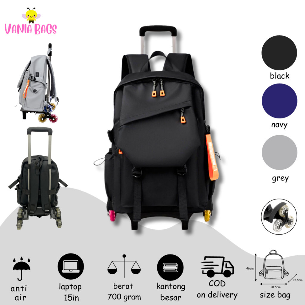 tas troli anak sd laki laki roda 3/roda 6 remaja import anti air premium