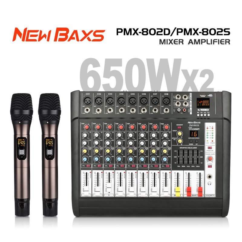 NEW BAXS PMX802D/PMX802S audio mixer Professional 8 Sound strip built in 650 Watt power amplifier * 