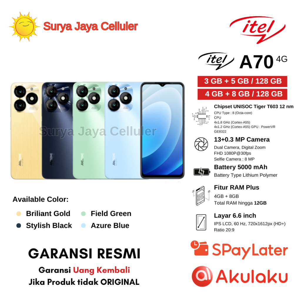 HP ITEL A70 3/128GB, ITEL A70 4/128GB (GARANSI RESMI ITEL 1 TAHUN)