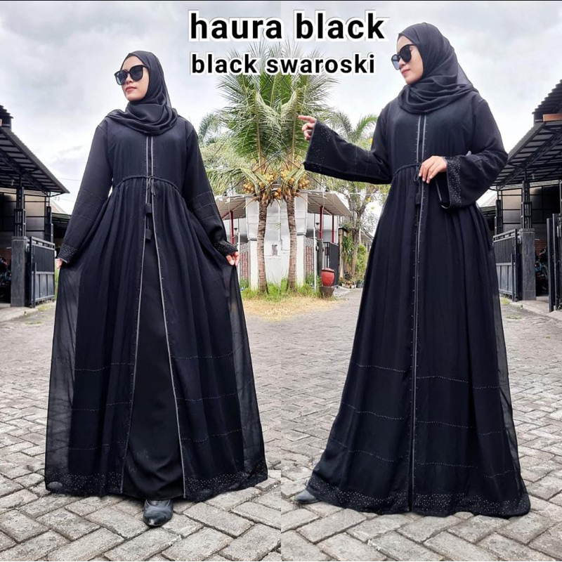 Abaya Haura Black Gold Silver