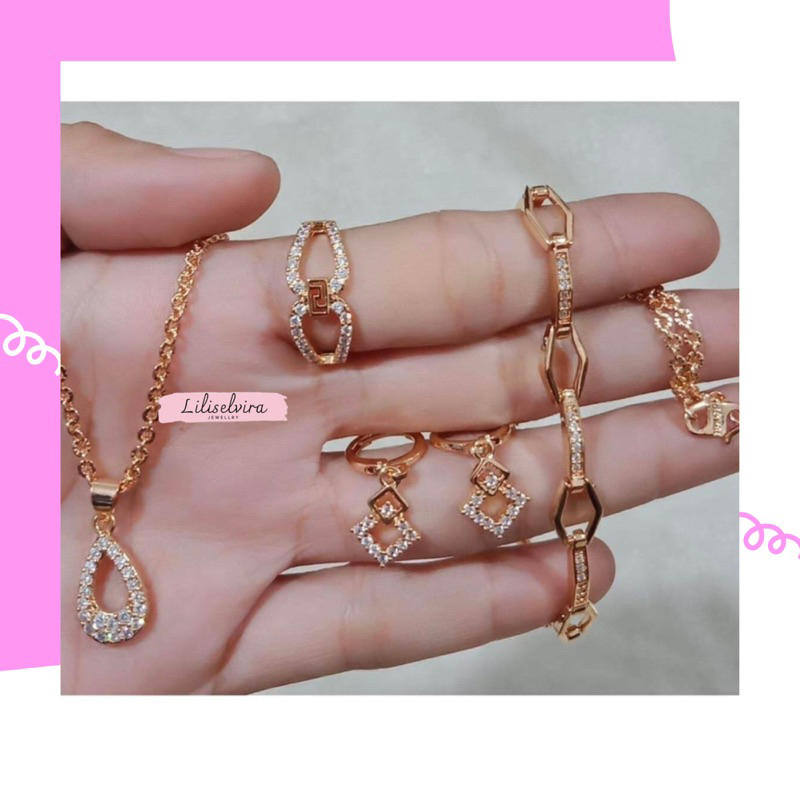 Satu set perhiasan emas realpict 24 karat untuk dewasa elegan simple aksesoris titanium perempuan