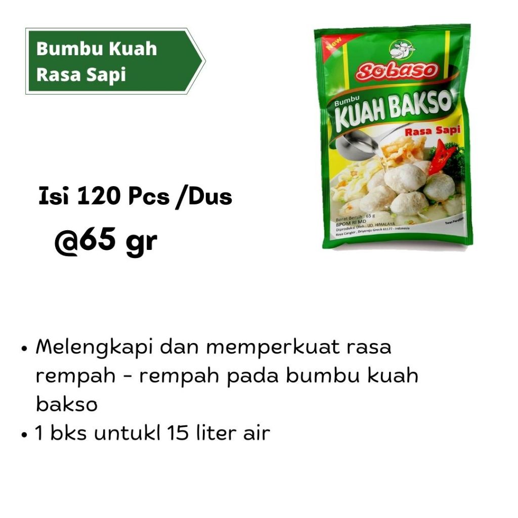 

SOBASO Bumbu Bakso Kuah 65gr isi 120pcs/Dus