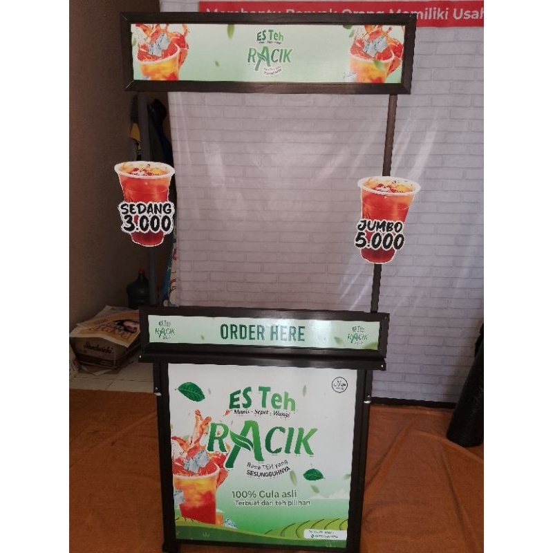 Meja Lipat Booth Gerobak Lipat Es Teh 80x50 Berstiker bahan Aluminium Hitam