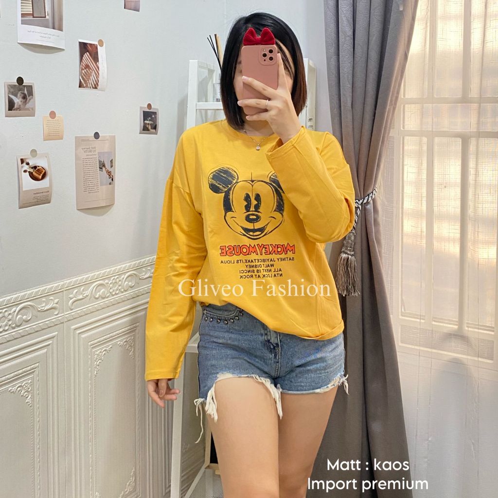 GLIVEO (COD) - KAOS WANITA MICKEY MOUSE LENGAN PANJANG PREMIUM IMPORT / KAOS LENGAN PANJANG WANITA /
