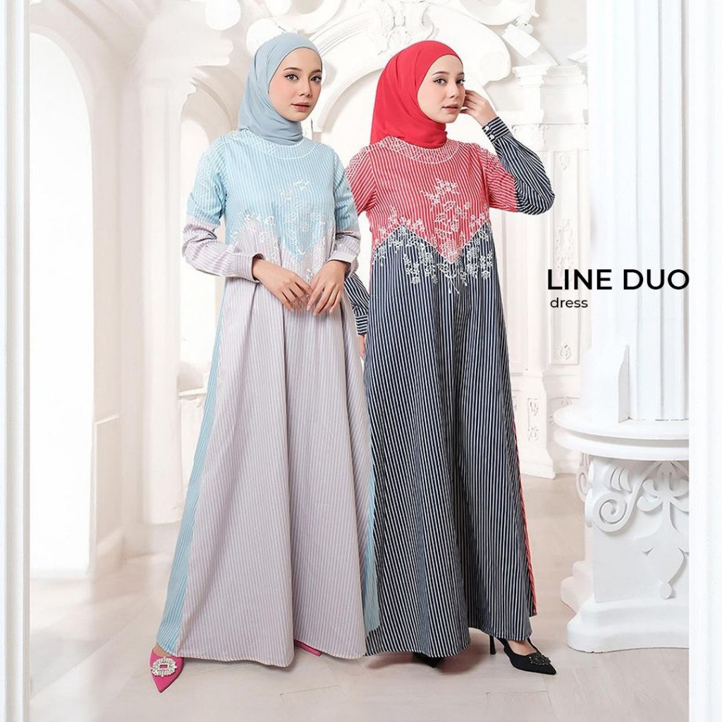 Gamis Dress Katun Motif Line Duo by Aneuku / Long Dress