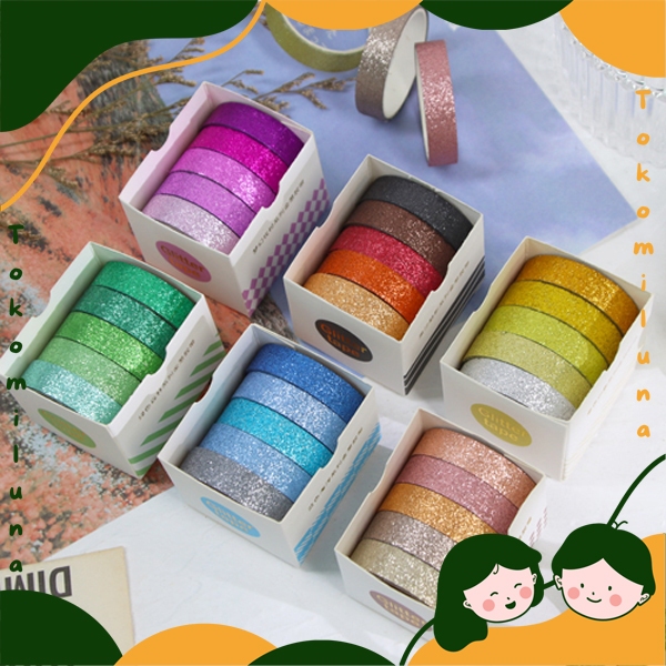 

1 set isi 5 pcs washi tape glitter tape cantik shining diy scrapbook jurnal diary HB1584