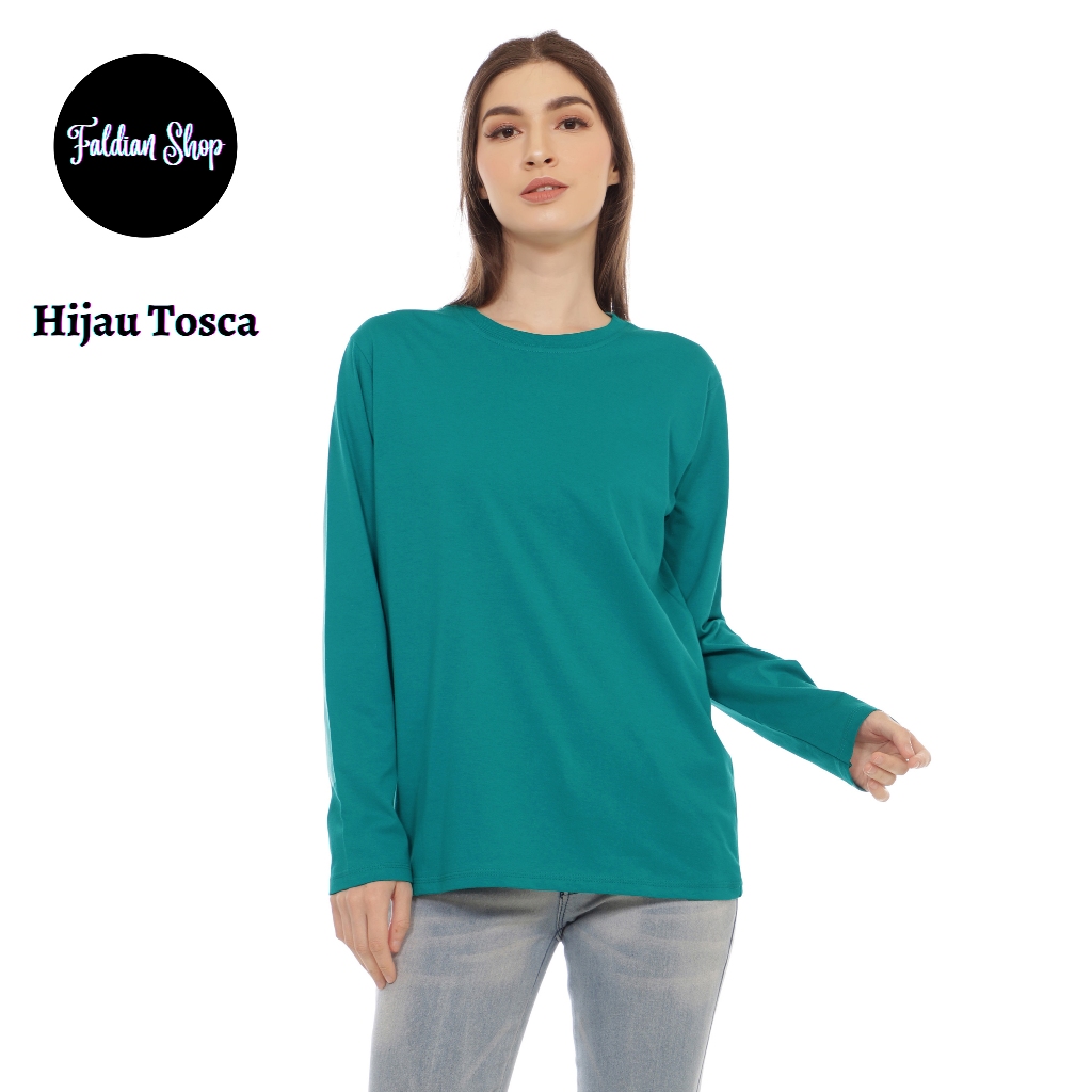 Kaos Polos Wanita Oneck Lengan Panjang Bahan Katun Combed 30s Warna Hijau Tosca