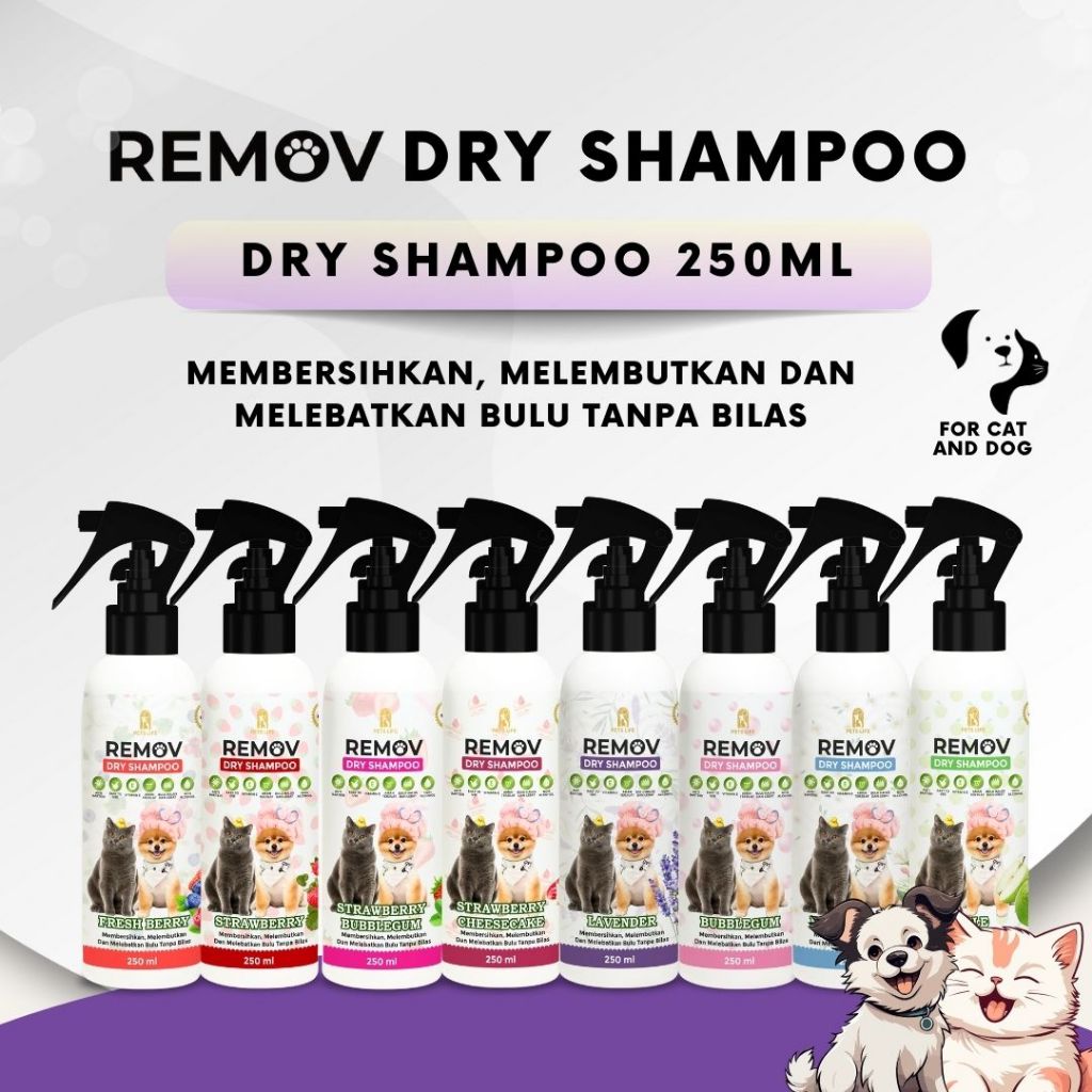 Remov Dry Shampoo Sampo Kucing Anjing Tanpa Bilas Membersihkan Melembutkan Melebatkan Bulu