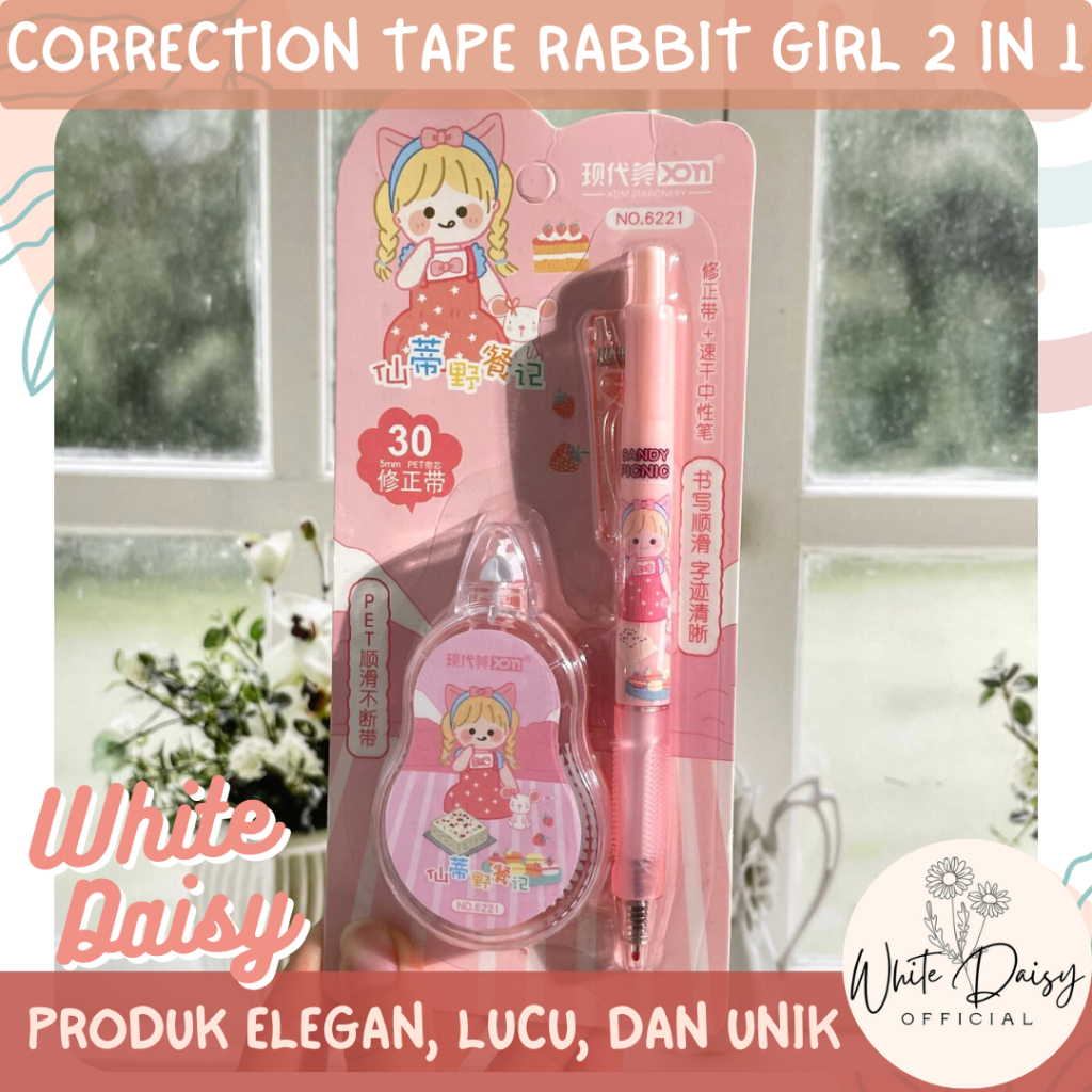 

Correction tape Rabbit Girl 2 in 1 premium motif kelinci + Pulpen lucu