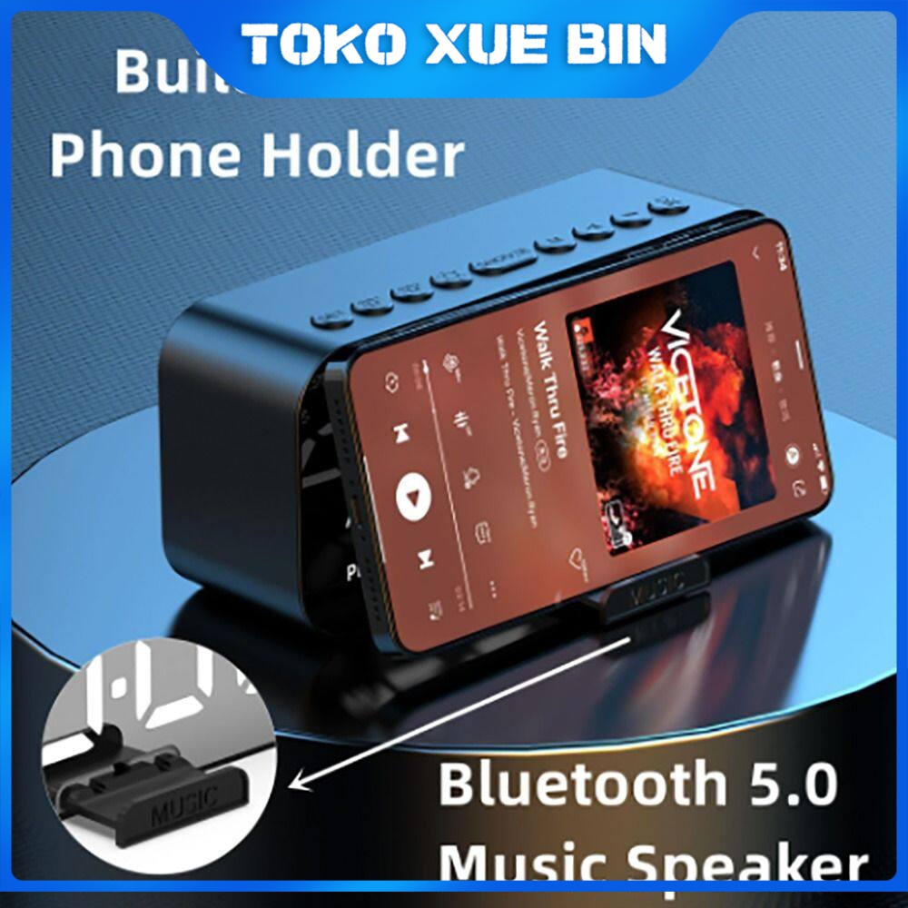 Speaker Bluetooth Nirkabel dengan LED Radio FM Mini Portabel Kartu MICRO SD kaca Cermin Jam Alarm Pe