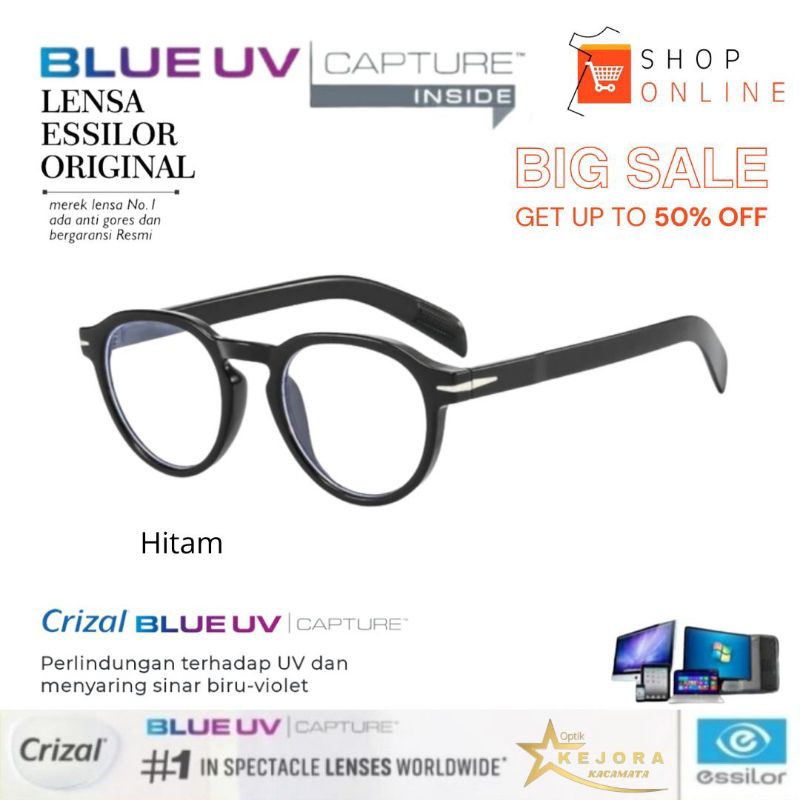 Kacamata Tebal Frame Bulat Lensa Essilor Crizal Anti Gores & Silau