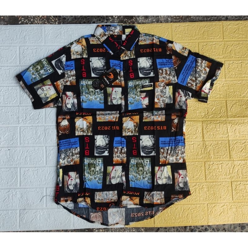 kemeja rayon pria hawaii, kemeja pantai, lengan pendek