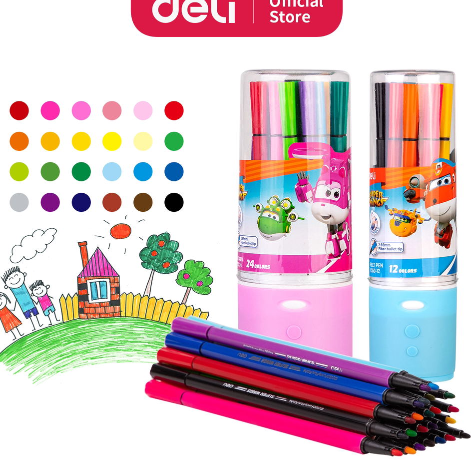 

Terlaris Deli Super Wings Felt Pen / Spidol Warna 12/24 Warna Kemasan Tabung EC150-12 EC150-24