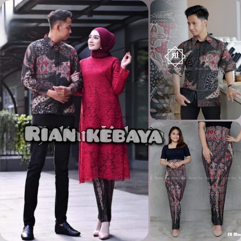 COUPLE KEBAYA TUNIK BRUKAT MAROON DAN BATIK KEMEJA SR MAROON / COUPLE BATIK DAN ROK MODERN / COUPLE 