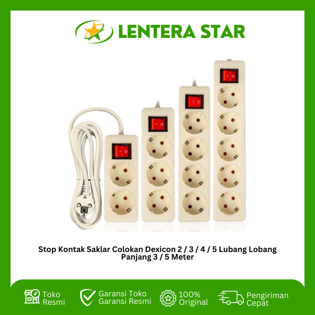 Stop Kontak Saklar Colokan Dexicon 2 / 3 / 4 / 5  Lubang Lobang Panjang Kabel 3 / 5 Meter