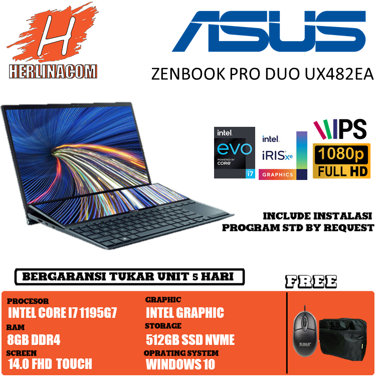 Laptop Asus Zenbook Pro Duo UX482EA Touch i7 1195G7 Ram 8Gb 512Gb ssd Win 10