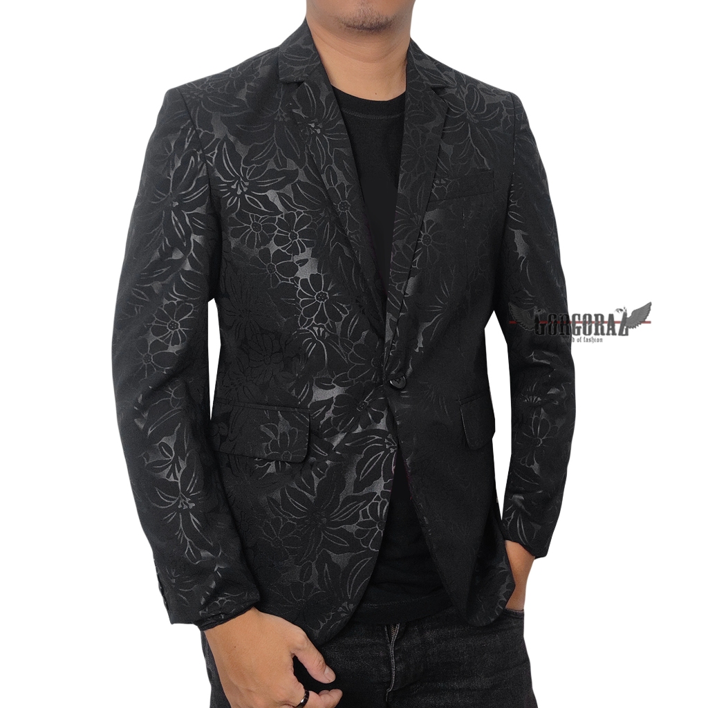 limited jas batik blazer batik pria hitam slimfit modern embos motif bunga gorgoraz