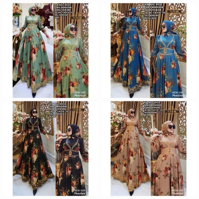 SHR ORI 100% DRESS MAXI SCUBA BUNGA SULTAN MONOCROM SYAHIRA