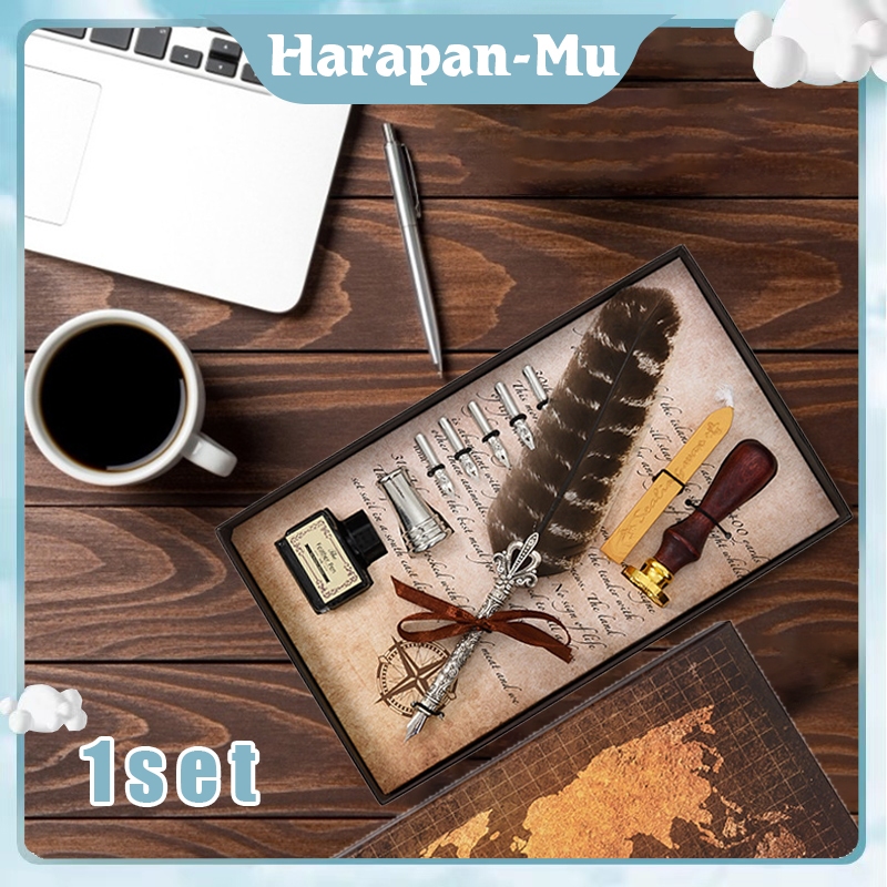 

Calligraphy Set Pulpen Bulu Vintage Feather Pen Pena Fountain Kaligrafi Dengan Lilin Stempel