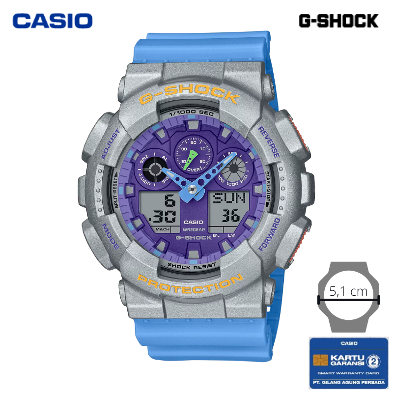 JAM TANGAN PRIA CASIO G-SHOCK GA-100EU-8A2 ORIGINAL - GSHOCK GA 100EU 8A2 BIRU SILVER