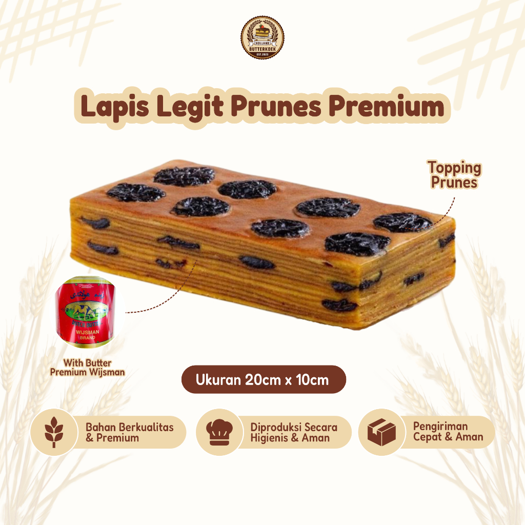 

Lapis Legit Premium Toping Prunes Moist Full Wisman Butter Ukuran 20cm x 10cm