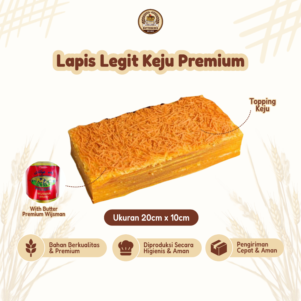 

Lapis Legit Premium Toping Keju Moist Full Wisman Butter Ukuran 20cm x 10cm