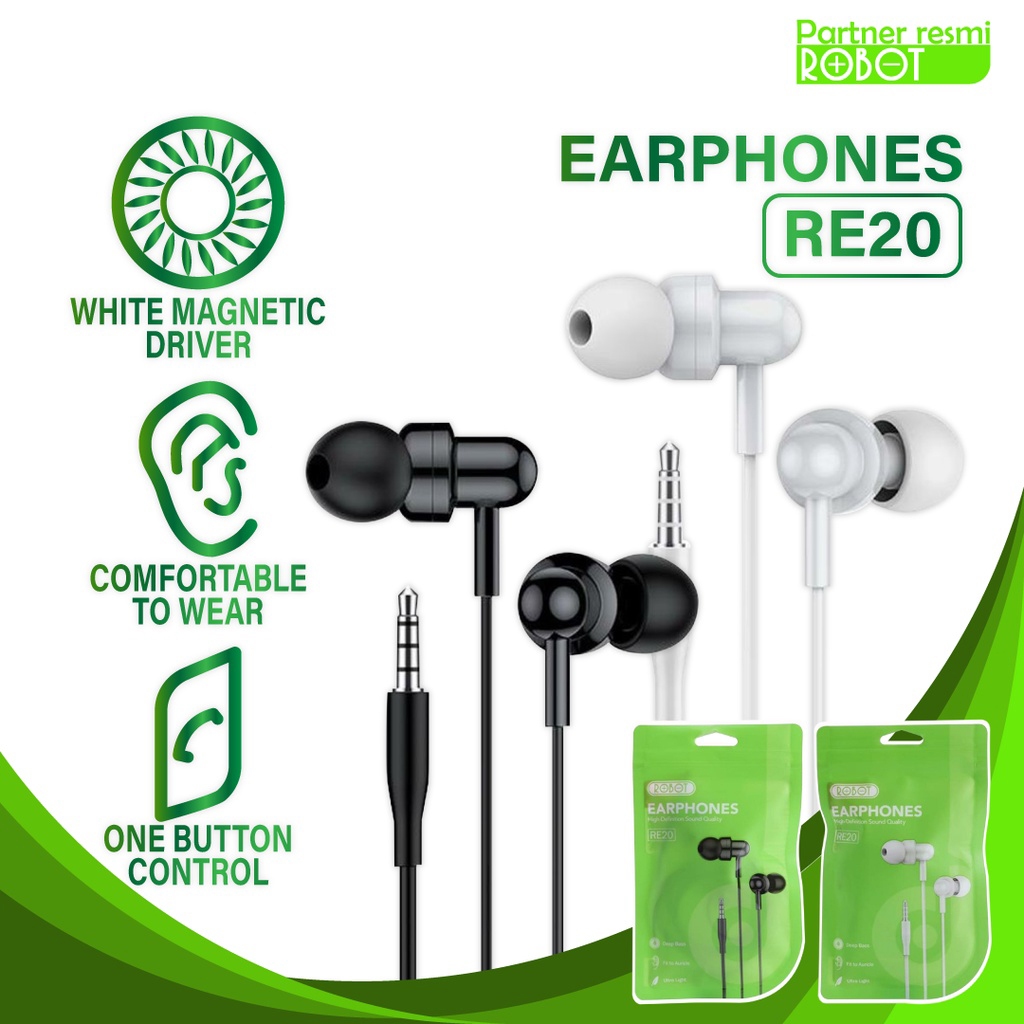 Headset Robot RE20 Original Super Bass / Headset Robot RE20  In-Ear Deep Bass Ultra Light