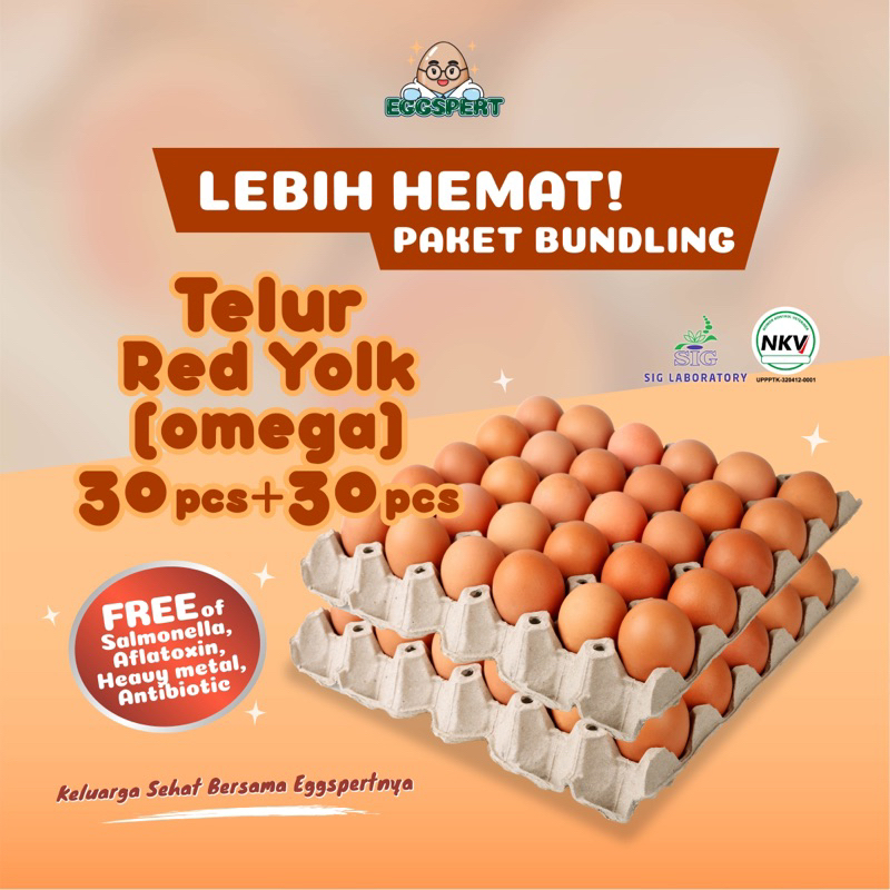 

Eggspert Telur Ayam Red Yolk (Omega) Paket Bundling Isi 30pcs + 30pcs
