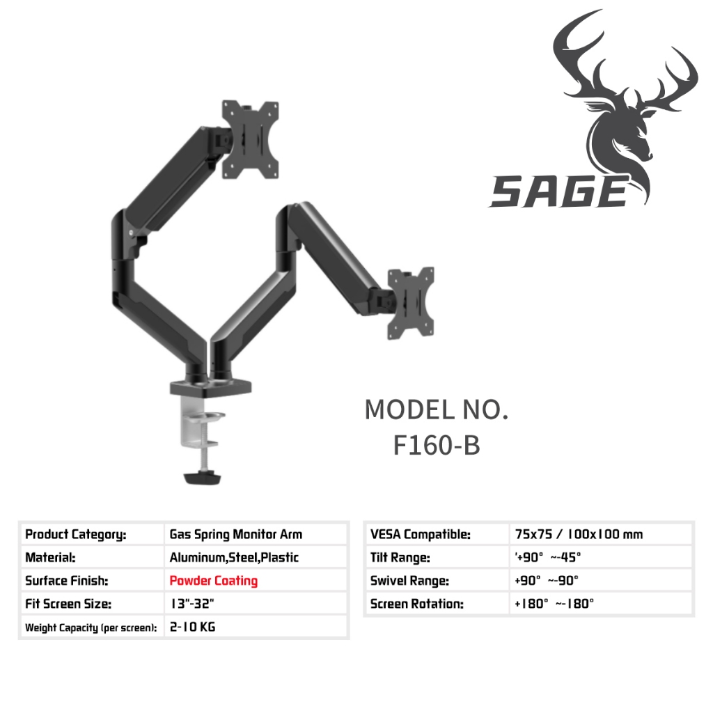SAGE F160 Bracket breket Brecket  Dual Monitor TV Monitor LED LCD Gas Spring arm Dual Arm F 160 17-3