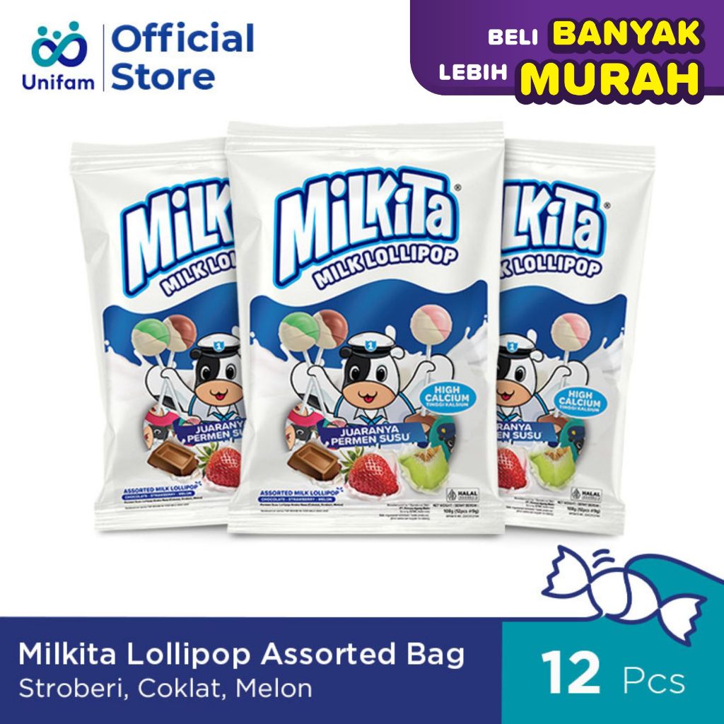 

Paket 3 Bag Milkita Lollipop - Assorted Milk Lollipop Premium (1 Bag @12pcs) - Permen Susu Lolipop Rasa Cokelat, Stroberi, & Melon