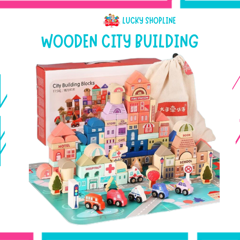 [BIG SALE] WOODEN CITY BUILDING BLOCKS URBAN PASTEL 115 PCS block kayu Mainan Edukasi Asah Otak Anak
