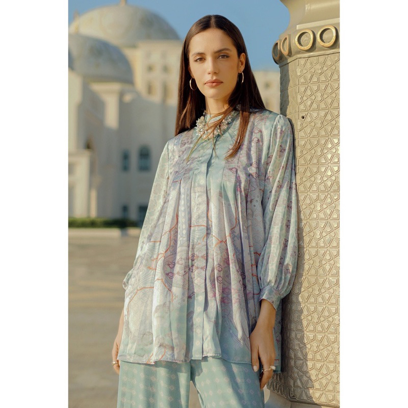 NEW SET BENANG JARUM FESTIVE PLEATED SHIRT & FESTIVE PANTS - GREEN