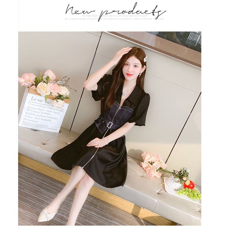 Dress wanita warna hitam model ikat pinggang  Korea lengan pendek elegant