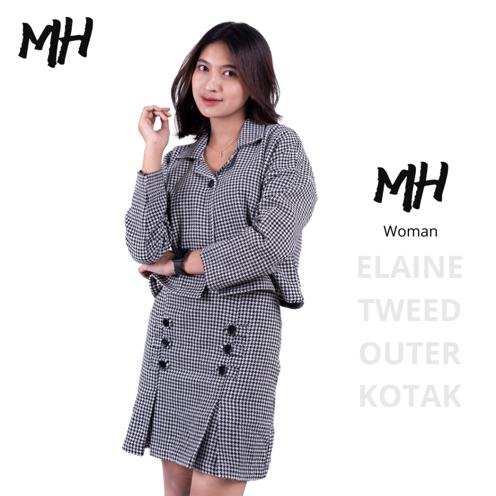MH Fashion ELAINE Outer Wanita Lengan Panjang Tweed Motif Kotak Women Outer Blazer Crop Cardigan Cas