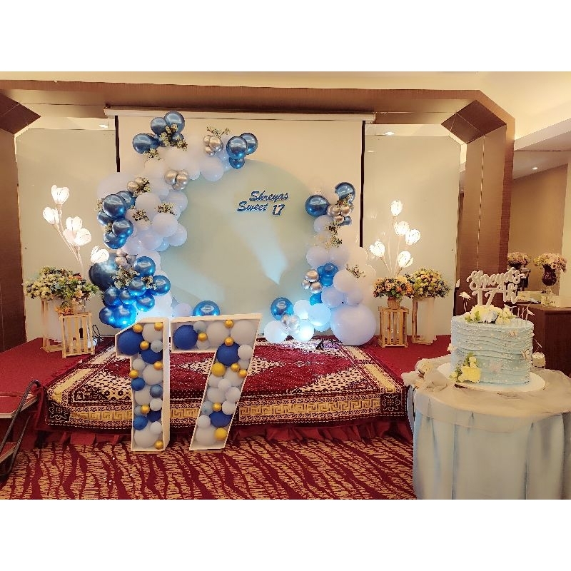Dekorasi ulang tahun sweet seventeen + angka 17 styrofoam isi balon