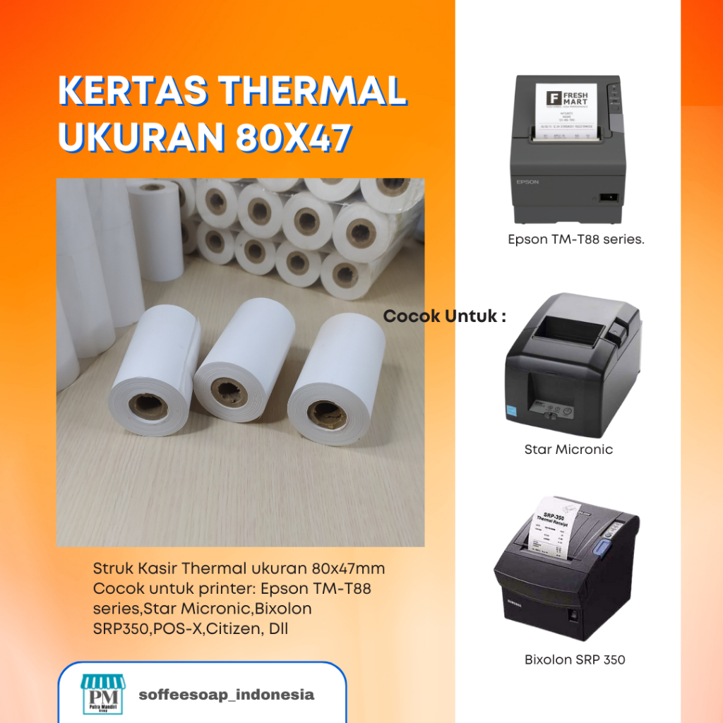 

Kertas Kasir Struk Thermal Paper Roll Termal POS Printer 80mm 80x47 mm 80x47mm 79 / 80 x 47 79x46