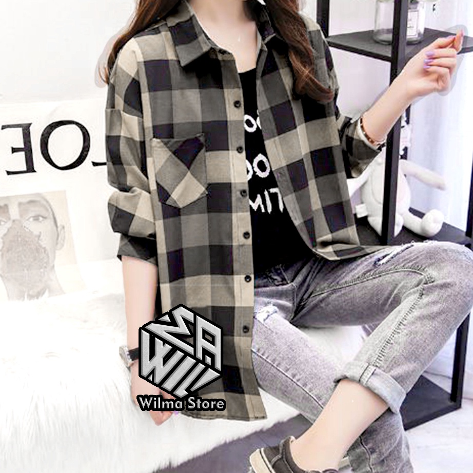 Murah Kemeja Wanita / Baju Wanita / Kemeja Flanel Kotak-Kotak / Kemeja Wanita Lengan Panjang // Mera
