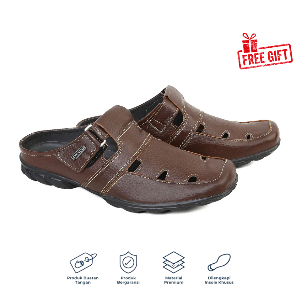 [FREE GIFT] Catenzo - RD 412 Sepatu Sandal Bustong Pria Original Kulit Asli Coklat /Sandal Kulit Pri