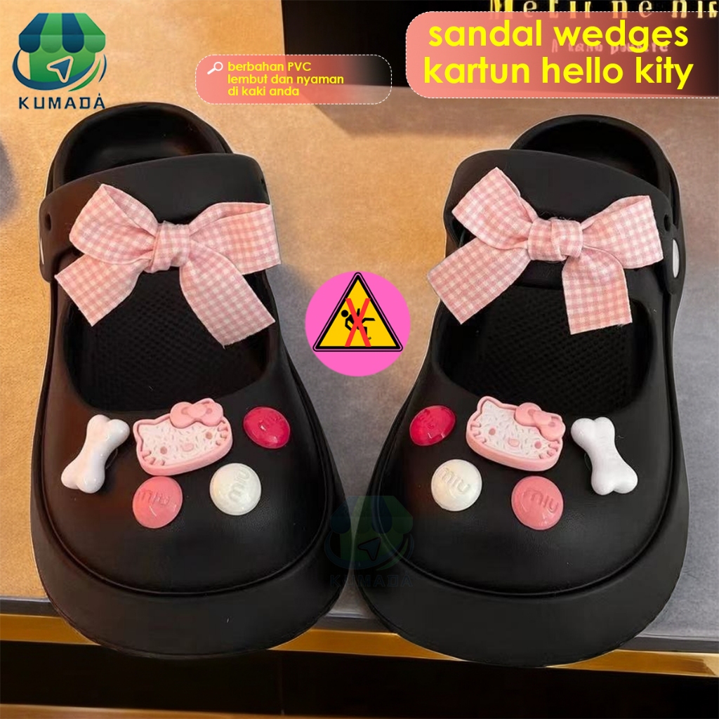 Sandal Kodok Dewasa Wanita  Sepatu Sendal Baim Wedges Platform PVC Dengan Assesoris Pita