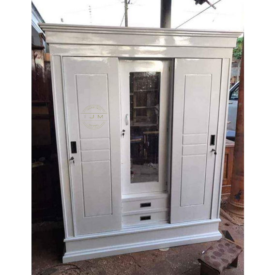 ALMARI LEMARI BAJU PAKAIAN MODEL MINIMALIS POLOS SIMPLE ELEGAN KAYU JATI SOLID PINTU 3 INCLUDE KACA 