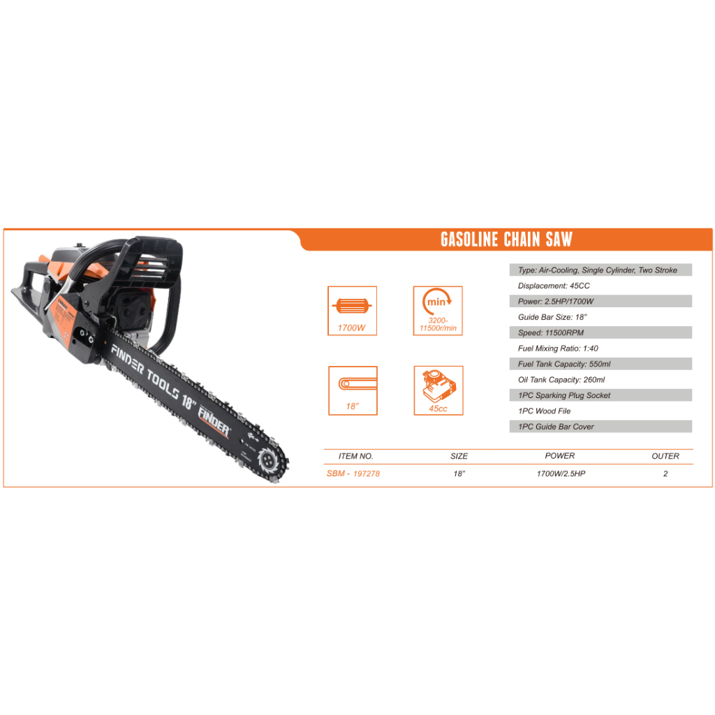 GASOLINE CHAIN SAW 18"/1700W / 2.5HP, FINDER