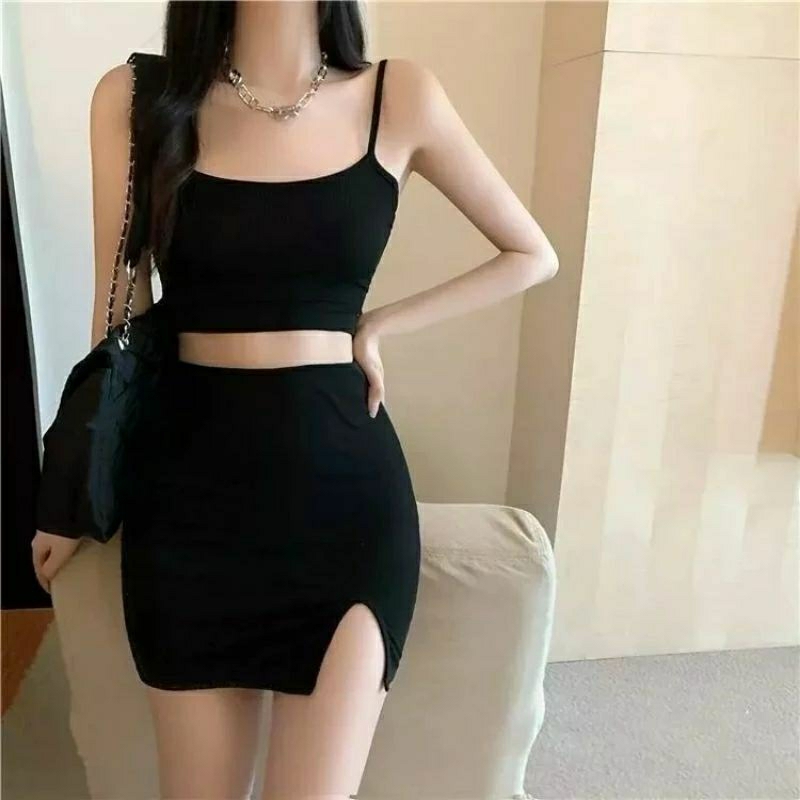 Setelan bodycon Skrit Set Belah paha 2 in 1 bodycond ketat TANKTOP dan ROK SPAN PAHA BELAH mini sexy